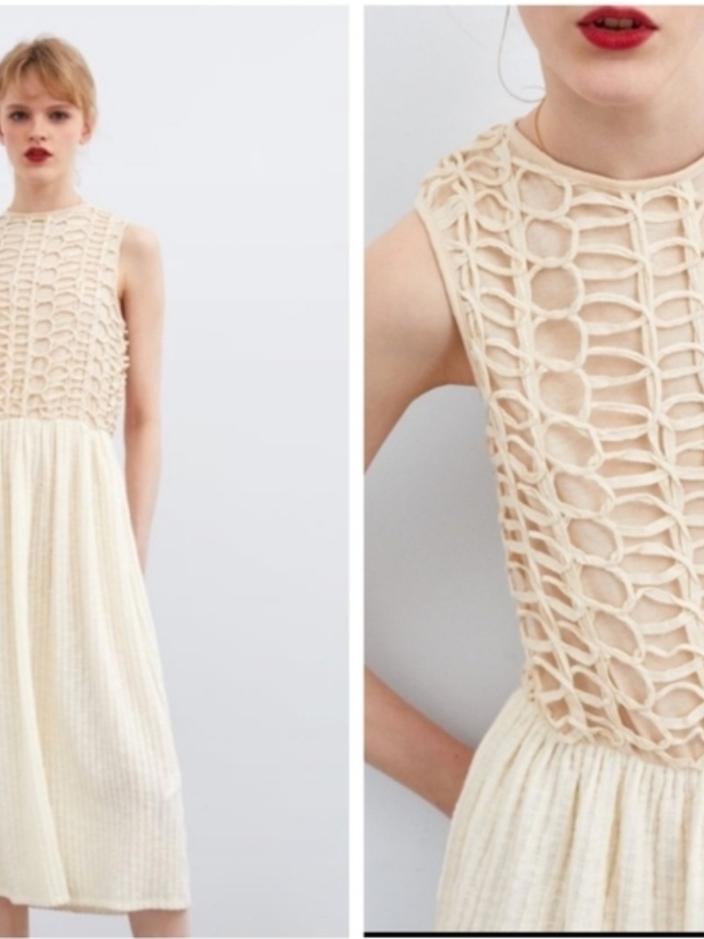 Sleeveless Cream Crochet Bodice Midi Dress